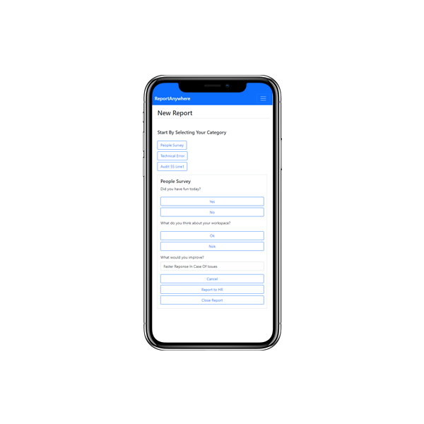 Aeriez ReportAnywhere mobile app for manufacturing incident reporting and quality tracking on smartphone